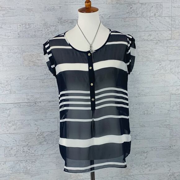 LOFT blue striped sheer cap sleeve blouse navy white business casual - Picture 1 of 7